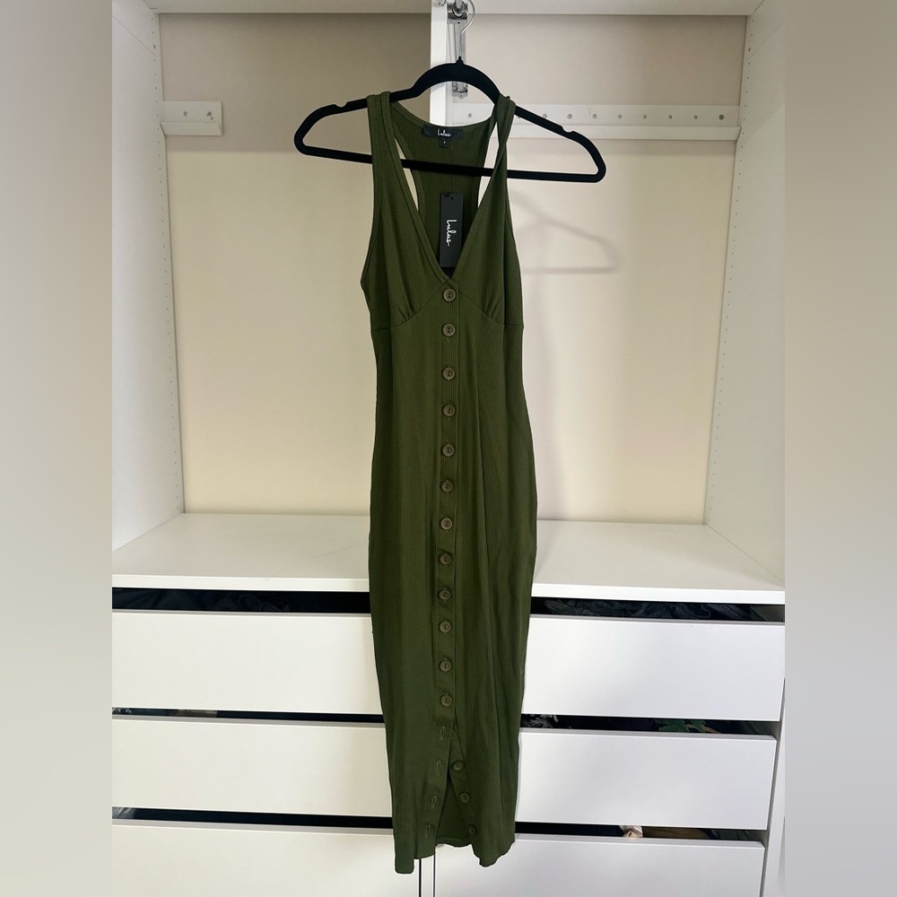 Lulu's Forest Green Midi Dress with Button Detail